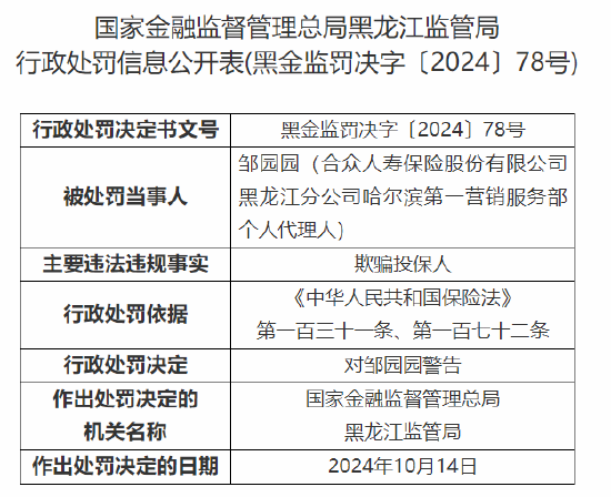 合众人寿黑龙江分公司哈尔滨第一营销服务部一个人代理人被警告：欺骗投保人